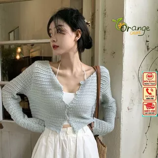 Áo Khoác Mỏng Thoáng Khí, Áo Len Dệt Kim Lỗ Dáng Lửng Cài Khuy Cổ V Tay Bồn Thời Trang Nữ Phong Cách Nữ Qccc Orangegclos