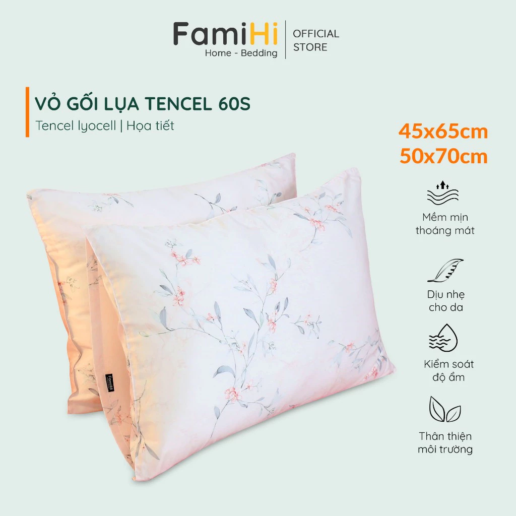 Vỏ gối lụa tencel họa tiết 45x65 50x70 cm FamiHi cao cấp, bao áo gối modal Lyocell 60s tự nhiên mềm mát, không rối tóc.