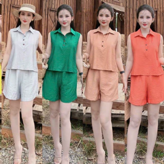 Set Bộ Mùa Hè Áo Cổ Đức Nhiều Màu VinTage Mix Quần Đùi Kín Đáo Thanh Lịch Trẻ Trung, Chất Đũi Hàn Thoáng Mát.