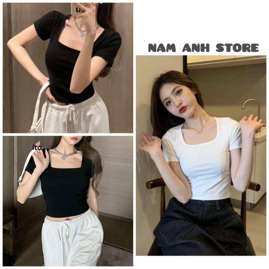 Áo Thun Nữ Cổ Vuông Cộc Tay Form Đẹp Chất Cotton Co Giãn, Màu Đen Trắng Thời Trang Basic MA665