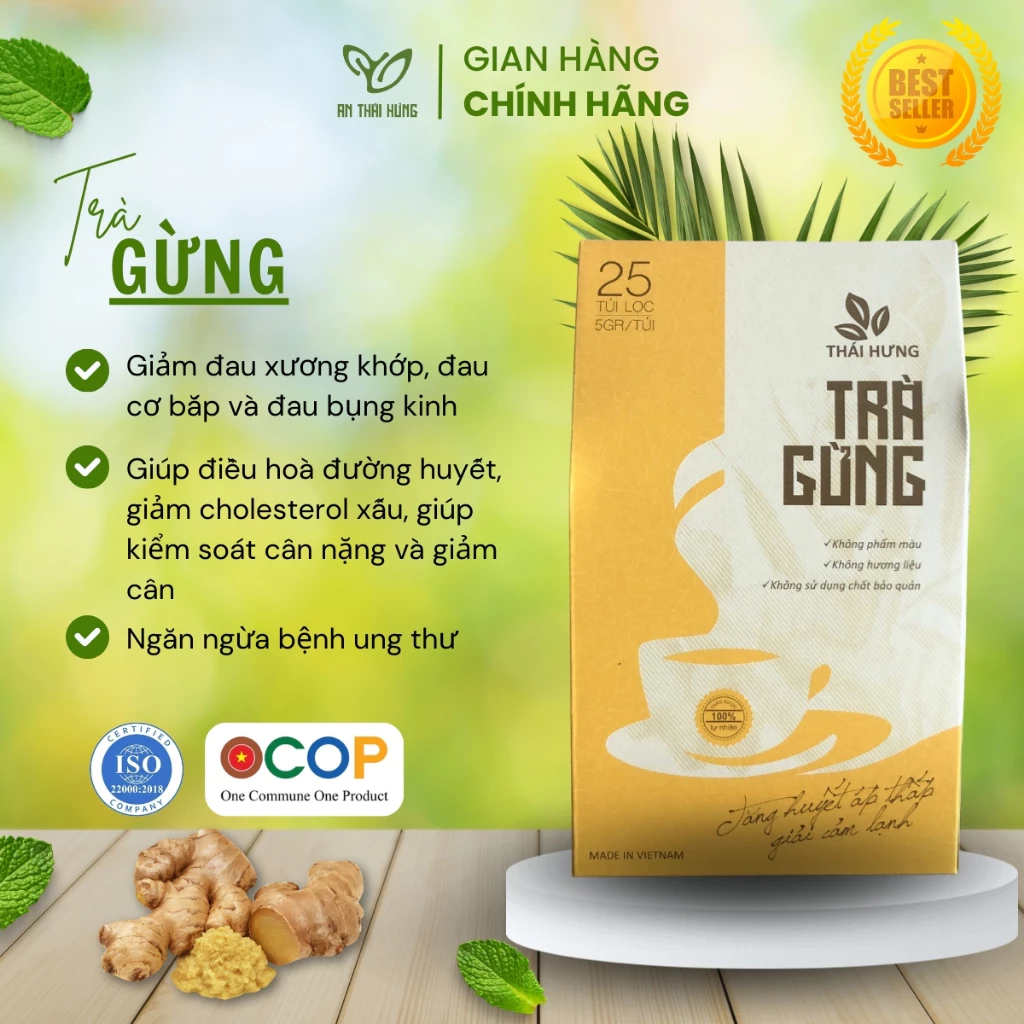 Trà Gừng nguyên chất AN THÁI HƯNG Giữ Ấm Cơ Thể, Tăng Cường Sức Đề Kháng, Tăng Huyết Áp, Giải cảm lạnh Hộp 25 túi lọc