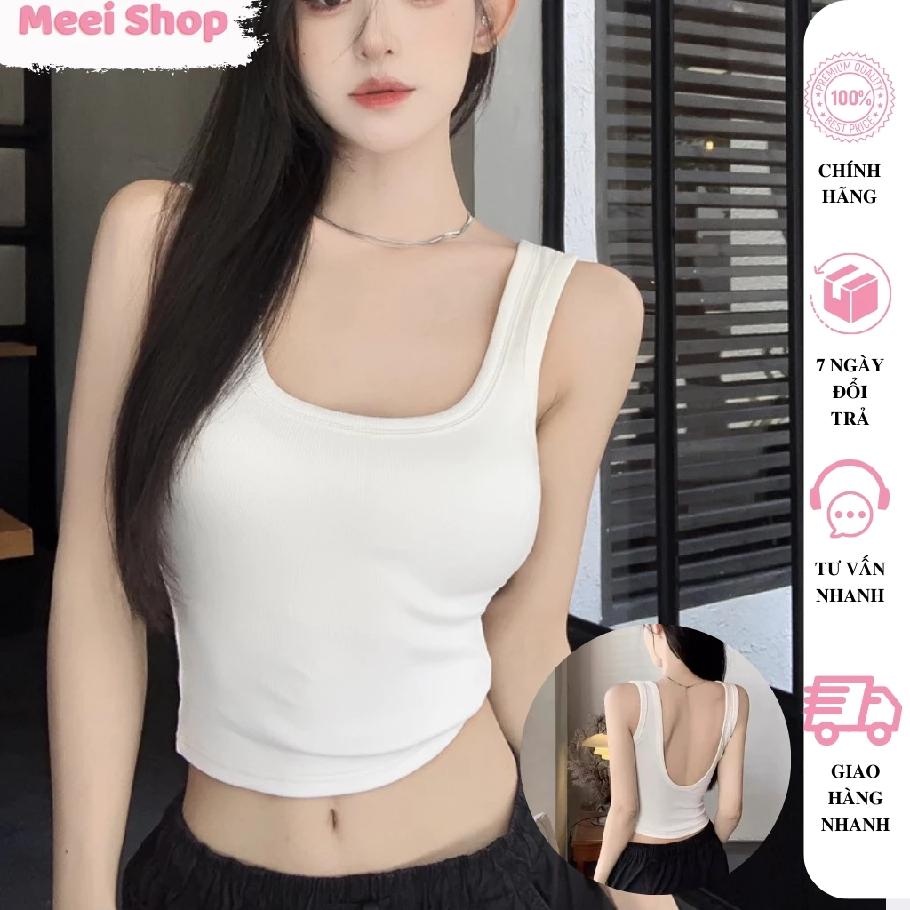 Áo 2 dây nữ hở lưng (có mút ngực) dáng dài ôm body Meei Shop,Áo ba lỗ nữ 2 dây bản to chất gân tăm tôn dáng basic -A423-