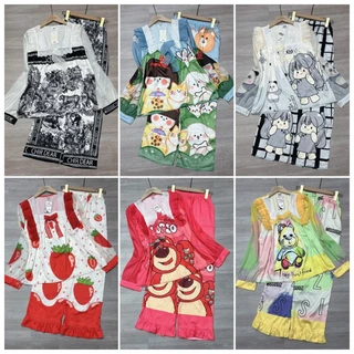 Set Bộ Ngủ Pijama Cổ Vuông Lụa Xước Hàng Thiết Tay Dài Phối Voan Siêu Xinh