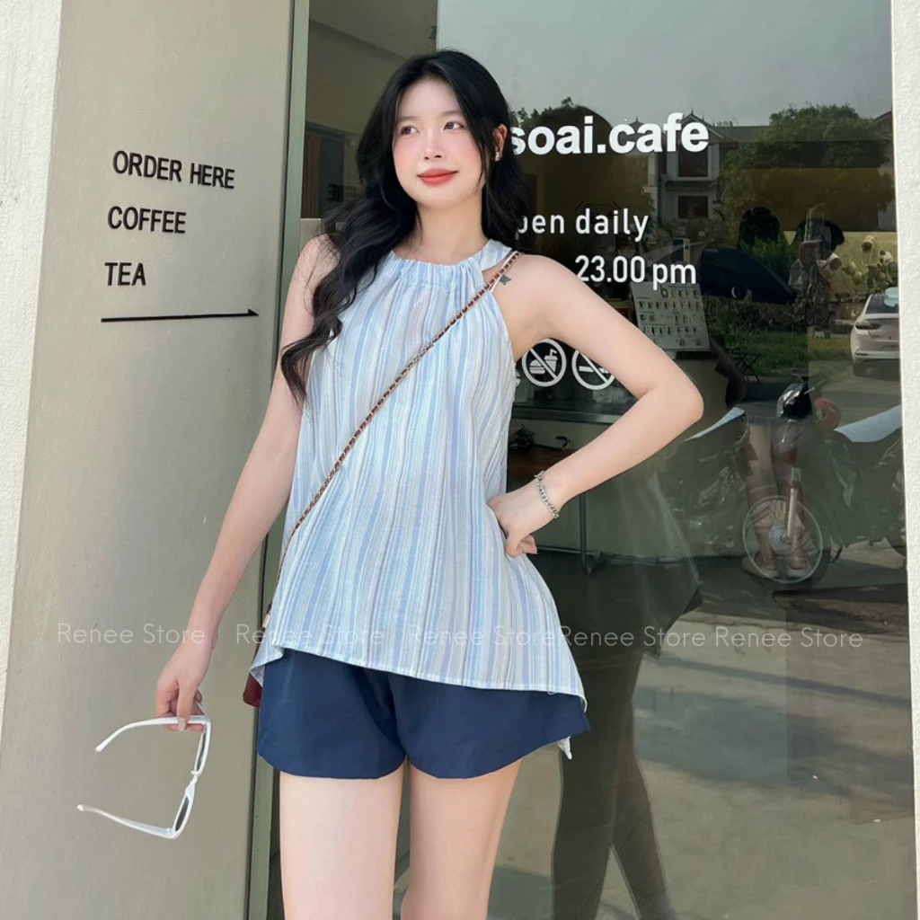 Set áo kẻ cổ yếm vạt bên kèm quần short cạp chun Renee Store - S686