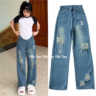 Quần jeans xuông màu bụi đậm rách nhiều, thiết kế xước ống quần đẹp lạ