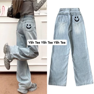 Quần jeans xuông màu xanh nhạt thêu mặt cười Yến Tee, quần jeans ống rộng nữ