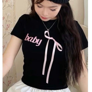 Ao baby tee thêu chữ baby kèm nơ thắt xinh xắn JunStore 2444 P5K10