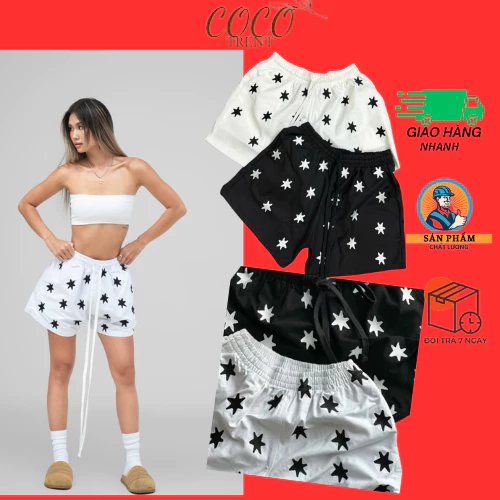 Quần Short Nam nữ In Kín Ngôi Sao Chất Cotton Mềm Mịn Thoáng Mát, Quần Đùi Dày Dặn Phong Cách Hàn Quốc Cute