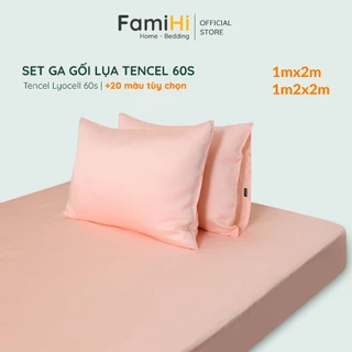 Bộ ga gối 3 món lụa Tencel Lyocell 60S 1m 1m2 FamiHi màu trơn cao cấp, set drap giường bo chun, 2 vỏ gối 50x70cm.