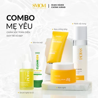 Smom combo mẹ yêu gồm 5 móm: Serum nghệ tía tô + Kem Nghệ + Kem chống nắng + Nước tẩy trang + Sữa rửa mặt