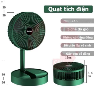 Quạt Tích Điện Gấp Gọn, Quạt Mini Để Bàn Xoay 180 Độ, 3 Tốc Độ Gió, Cổng Sạc