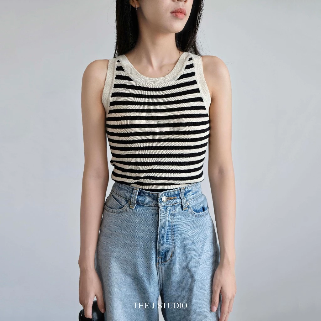 Áo ba lỗ len dệt kim cổ tròn họa tiết kẻ ngang nhiều màu dáng ôm - Meli Tank Top - The J Studio