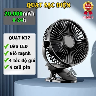 Quạt tích điện cầm tay, kẹp bàn K12 với nhiều cấp độ gió siêu mát,pin siêu khủng lên đến 20.000mAh