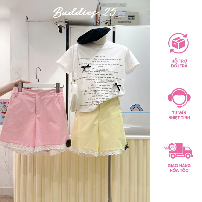 Quần short khaki viền ren lưng thun tông pastel Buddies.25