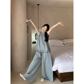 [SẴN] BN289_Bộ ngủ, pijama nữ màu xanh ngắn tay quần dài chất muslin  | Hàng quảng châu cao cấp