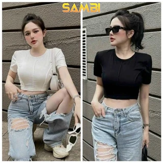 Áo thun ôm nữ croptop cổ tròn viền nổi A125