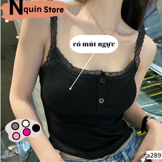 Áo croptop nữ,áo 2 dây được thiết kế ôm body viền ren phối cúc cổ (có mút ngực) phong cách sexy hiện đại Nquin Store