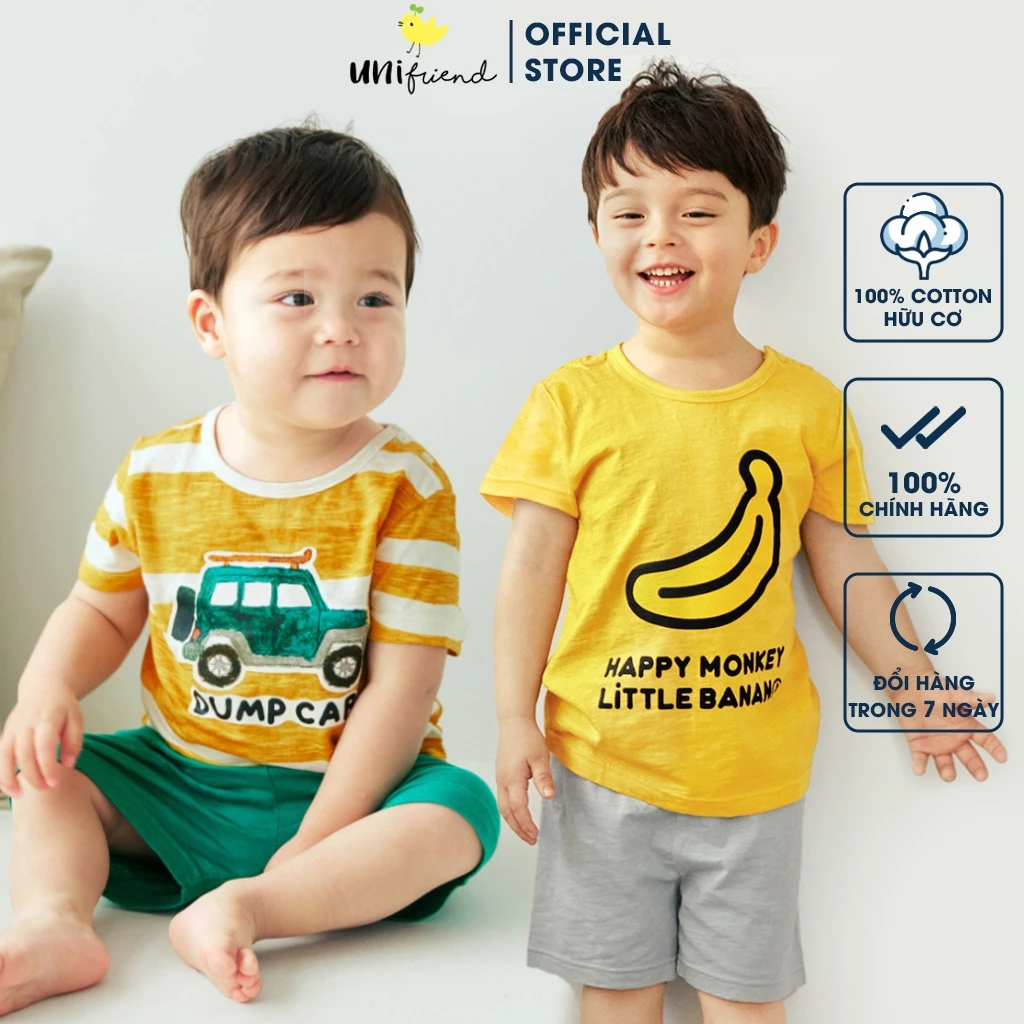 Đồ bộ ngắn tay thun cotton mịn bé trai, bé gái mặc nhà mùa hè Unifriend Hàn Quốc U2023-31. Size đại 5, 6, 8, 10 tuổi