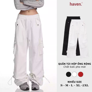 Quần túi hộp ống rộng nữ Haven vải cotton, dây rút jogger bigsize, màu trắng, đỏ, đen mẫu mới 2024