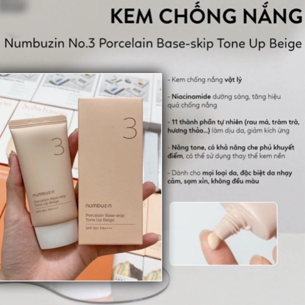 Kem chống nắng nâng tone cho da nhạy cảm Numbuzin No.3 Porcelain Base-skip Tone Up Beige 50ml