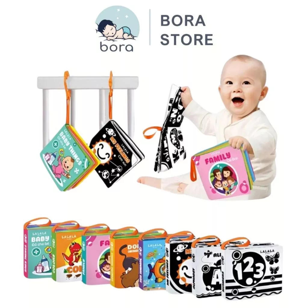 Sách vải mini cho bé, Sách vải song ngữ kích thích giác quan [Kích thước 11x12cm, 8 mặt, an toàn tuyệt đối cho bé]