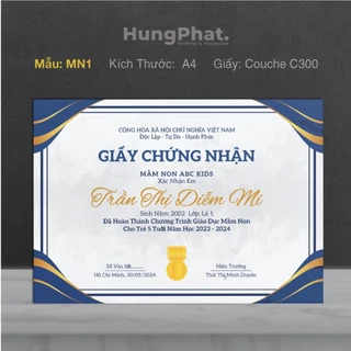 Giấy chứng nhận, Bằng khen Mầm Non và thay tên nội dung theo yêu cầu  -Giấy C300 A4 bền đẹp(không kèm