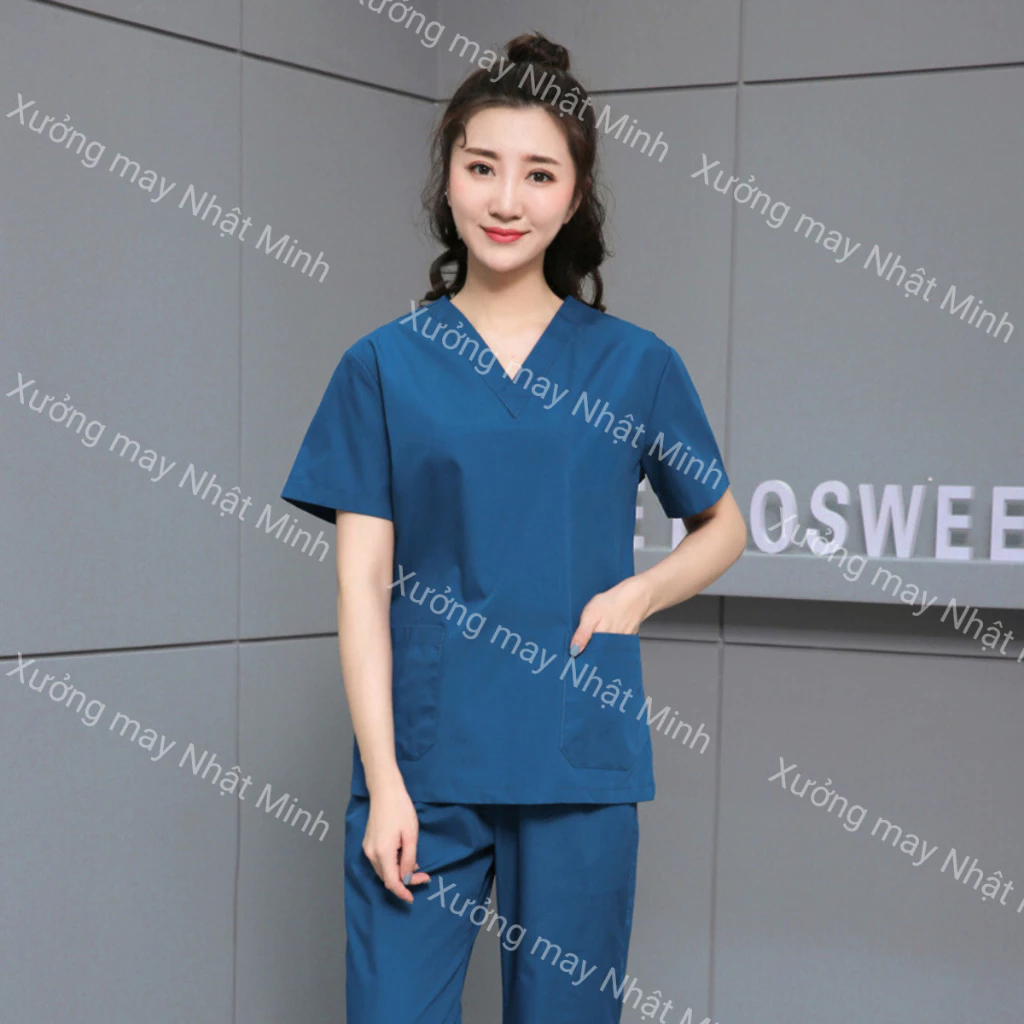 Bộ Scrubs cổ tim màu xanh coban vải lon nhật, đồng phục phòng khám,spa,phòng mổ, quần áo y tế nha khoa điều dưỡng bác sỹ