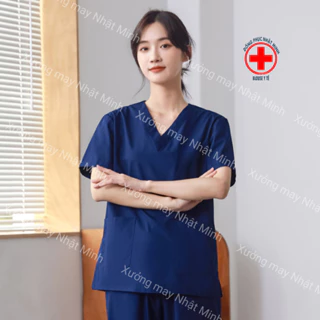Bộ Scrubs cổ tim màu xanh than vải lon nhật, đồng phục phòng khám,spa,phòng mổ, quần áo y tế nha khoa điều dưỡng bác sỹ