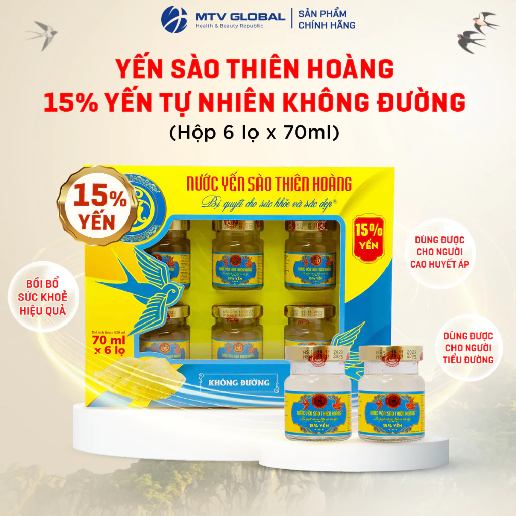 Yến Sào Cao Cấp Thiên Hoàng Không Đường 15% (Hộp 6 lọ x 70ml) - Nước Yến Chưng Sẵn Làm Quà Tặng Bồi Bổ Sức Khỏe Ý Nghĩa