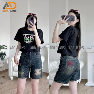 Quần short Jeans nữ cạp cao rách nhẹ,quần bò lững túi thêu chuẩn form tôn dáng-chất Jeans bò dày mịn đẹp