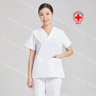 Bộ Scrubs cổ tim màu trắng vải lon nhật, đồng phục phòng khám,spa,phòng mổ, quần áo y tế nha khoa điều dưỡng bác sỹ
