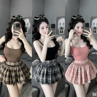 ✨Set Bộ Áo Hai Dây Croptop + Chân Váy Caro Xoè Viền Bèo ByA