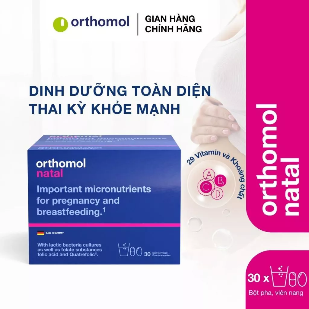 Orthomol Natal - 29 vitamin & khoáng chất cho phụ nữ mang thai và cho con bú. Bổ bầu dạng bột pha kèm viên uống