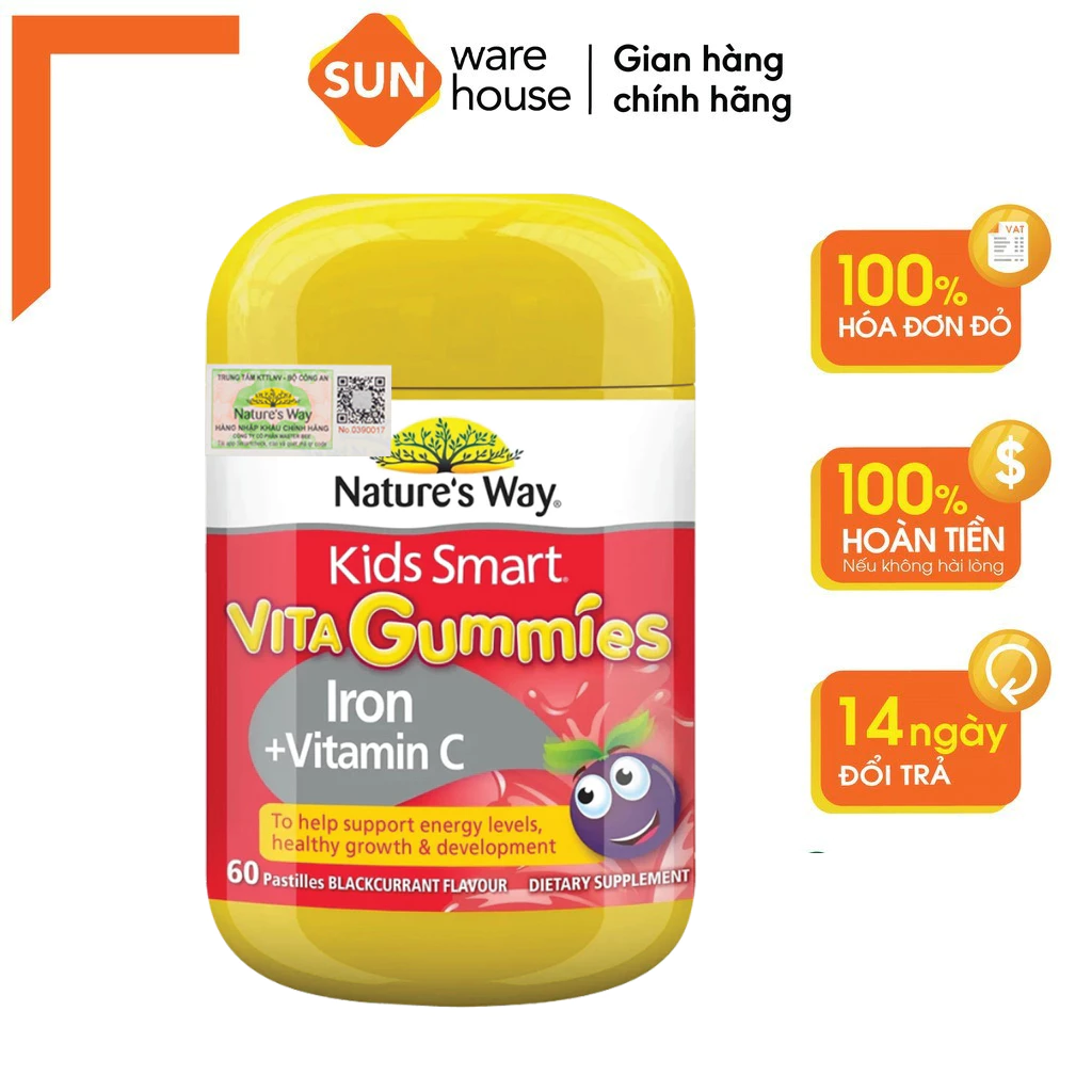 Viên Nhai Bổ Sung Sắt Hữu Cơ Và Vitamin C Cho Bé Nature’s Way Kids Smart Vita Gummies Iron + Vitamin C Tăng Đề Kháng 60v
