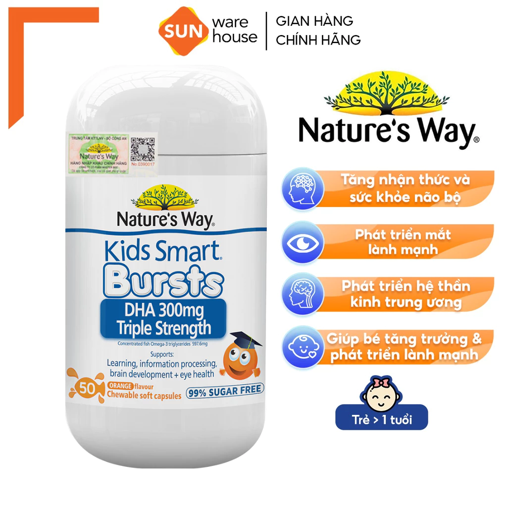 Viên Nhai Nature's Way Kids Smart DHA 300mg Triple Strength Tăng Cường Sự Phát Triển Của Trẻ 50 Viên