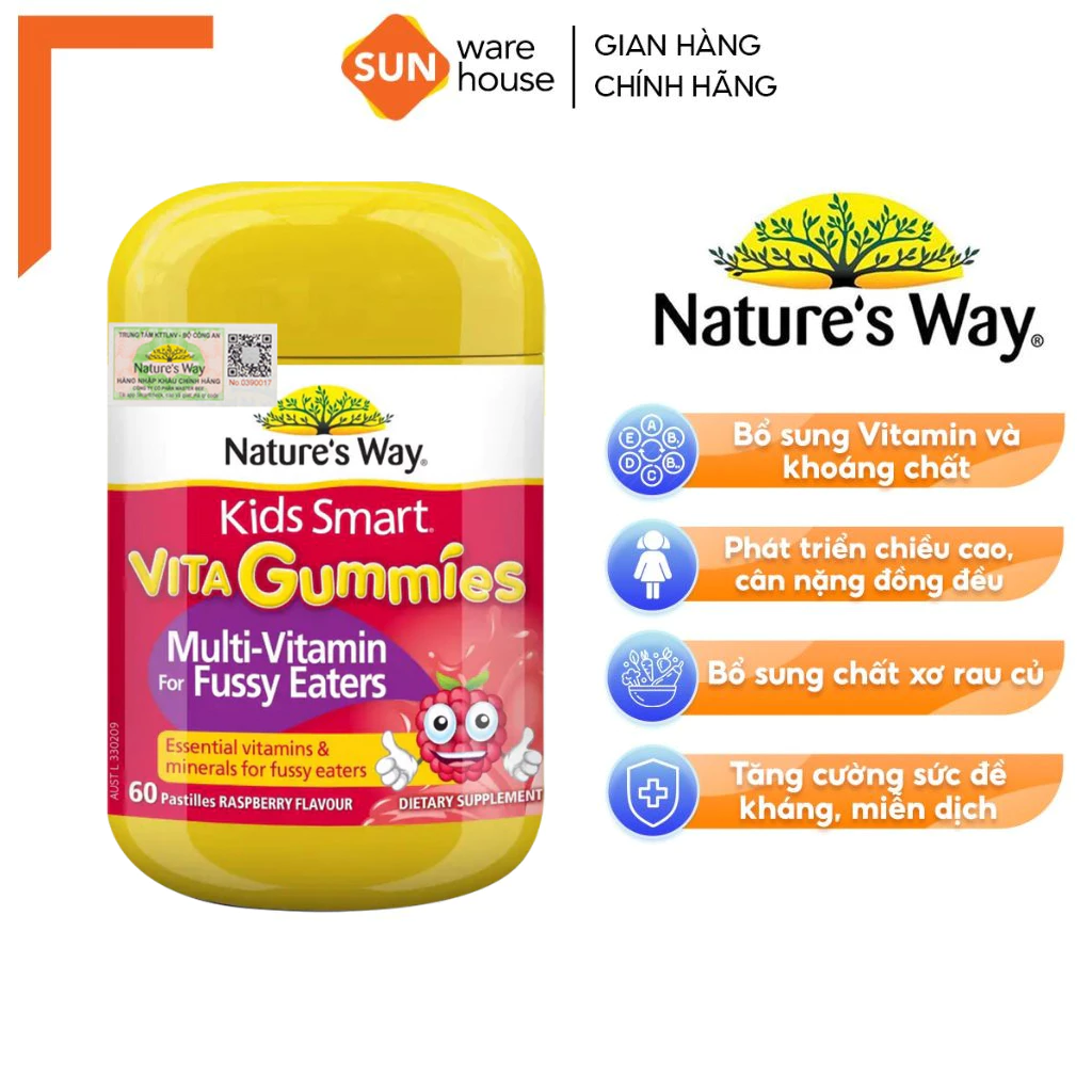 Kẹo Dẻo Cho Bé Nature's Way Kids Smart Vita Gummies Multi Vitamin for Fussy Eaters Kích Thích Ăn Ngon 60 Viên