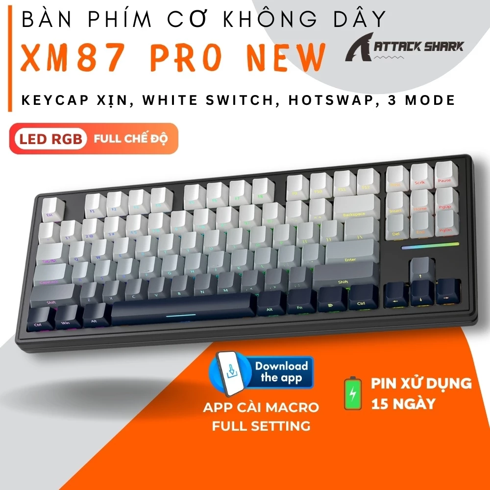 Bàn Phím Cơ Bluetooth Attack Shark XM87 New 2025 Led RGB Có Hotwap 3 Mode Kết Nối Cho Máy Tính, Ipad