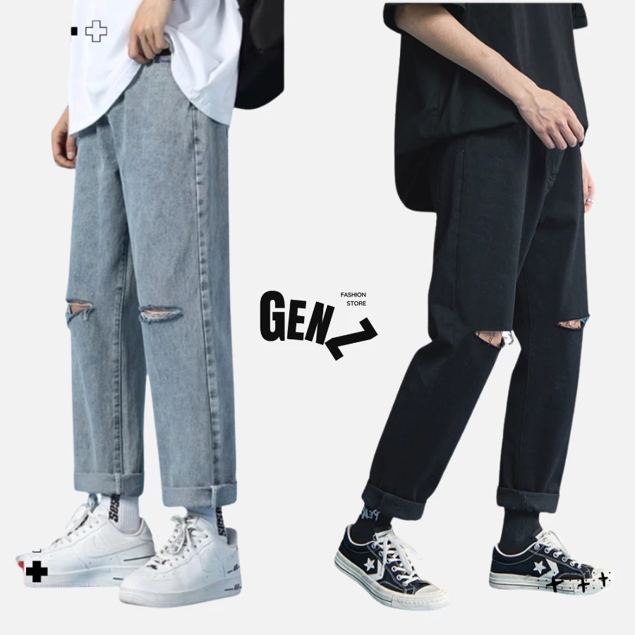 Quần jeans baggy nam dáng đứng ống suông rộng màu xanh, đen wash rách gối cá tính R2 – GenZ Store HN