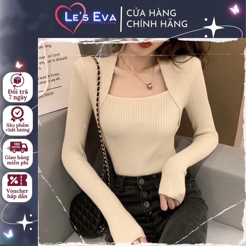Áo len nữ LE'S EVA cổ vuông tay dài len gân tăm dáng ôm body sang chảnh quyến rũ  kiểu Hàn Quốc AL04 - LEEVA STORE