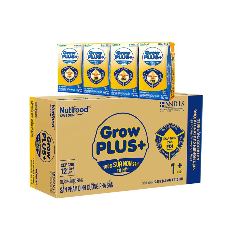 Thùng Sữa Bột Pha Sẵn GrowPlus+ Vàng 110ml Sữa non Tăng Đề kháng