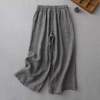 Quần Nữ Đen Caro Dây Rút Chất Liệu Linen