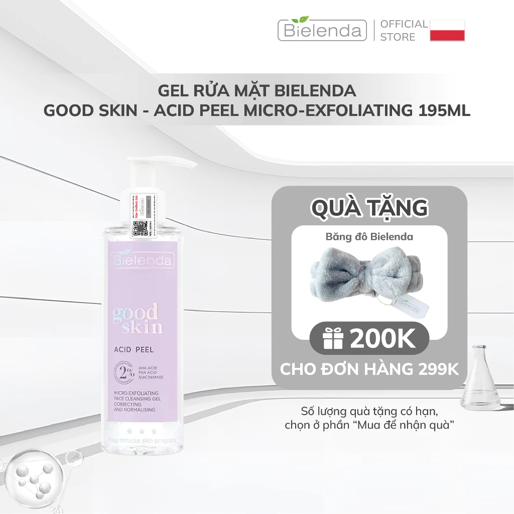 Gel rửa mặt làm sạch sâu, ngừa mụn, mờ thâm Bielenda Good Skin Acid Peel Micro-Exfoliating 195ml