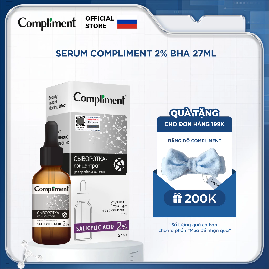 Serum Compliment 2% BHA làm sạch sâu, kiềm dầu, giảm mụn, se lỗ chân lông 27ml