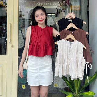 Áo babydoll croptop xếp li vải Linen ZiniStore