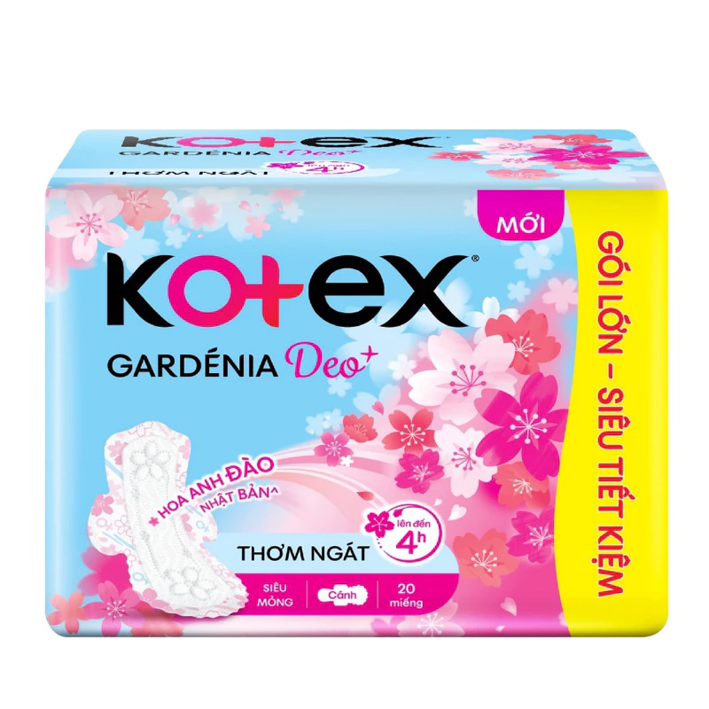 BĂNG VỆ SINH KOTEX GARDENIA DEO+ HOA ANH ĐÀO SIÊU MỎNG CÁNH 23CM 20 MIẾNG