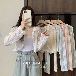 Áo khoác cardigan len mỏng hoa nổi viền ren bèo dệt kim dáng croptop khoác ngoài siêu hot hit