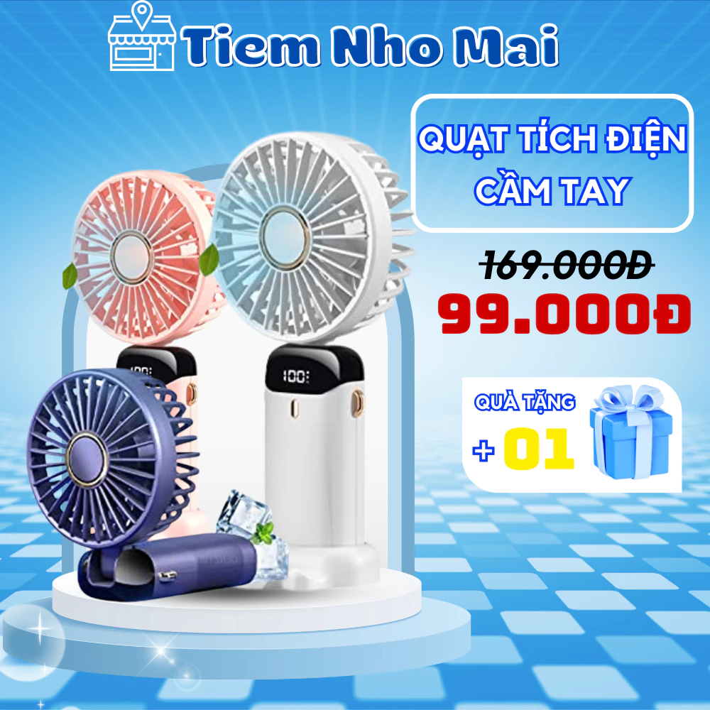 Quạt mini cầm tay tích điện thiết kế màn hình led hiển thị với 5 tốc độ gió dung lượng pin 4000 mAh