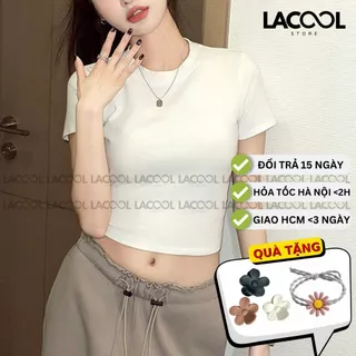 Áo Croptop Nữ Cổ Tròn Ngắn Tay LACOOL Ôm Sát Body Chất Cotton Trơn Cao Cấp 3 Màu Basic Dễ Phối Đồ Cho Nàng FREESIZE LA11