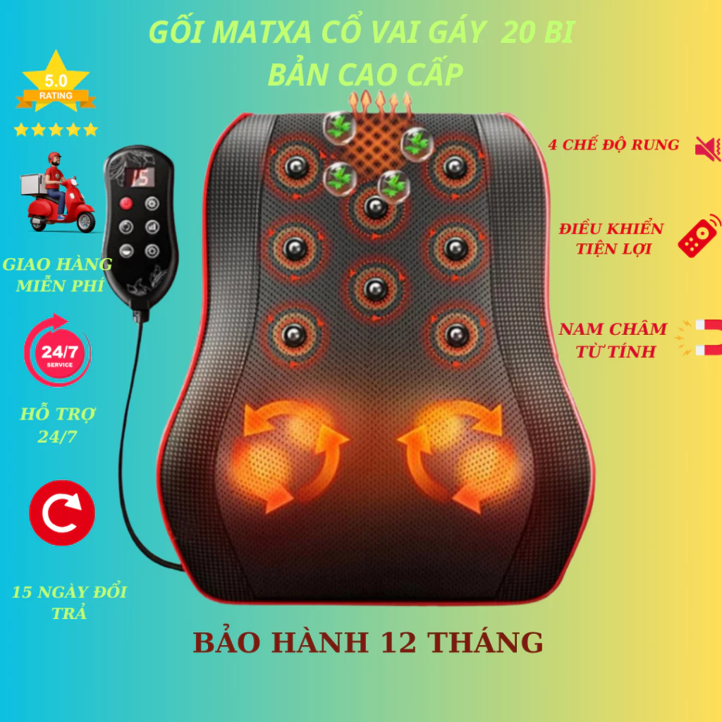 Gối Massage Cổ Vai Gáy thế hệ mới, Máy Matxa hồng ngoại kết hợp rung + điều khiển tiện lợi