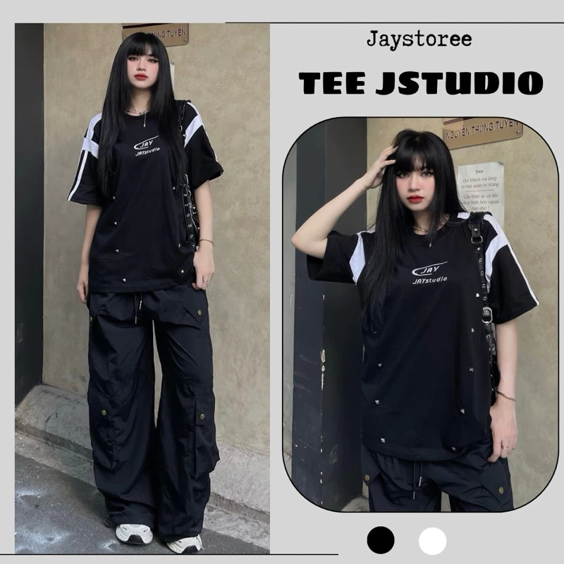 Áo thun tay lỡ unisex JSTUDIO phối line sọc 2 màu ĐEN/TRẮNG - Áo phông form rộng unisex nam nữ/ Jaystoree 🖤